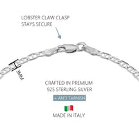 KISPER 925 Sterling Silver Italian 3mm Mariner Chain Bracelet w/ Lobster Clasp