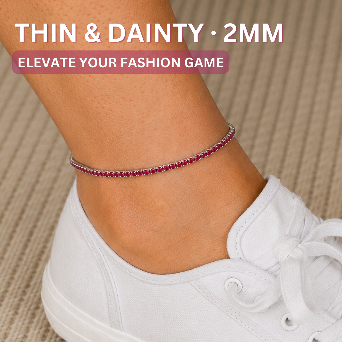 KISPER Tennis Anklets for Women Ruby Red 2mm 14K Gold Plated CZ