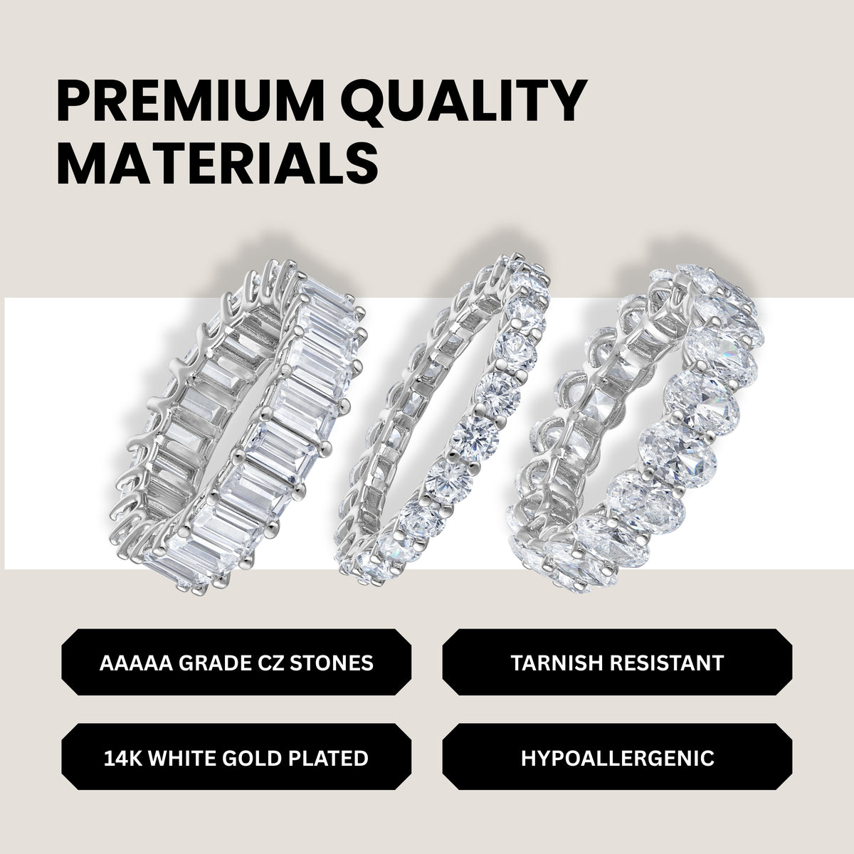 KISPER Oval CZ Eternity Band Rings for Women White Gold Plated Stackable