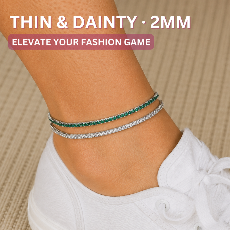 KISPER Tennis Anklets for Women Clear White 2mm 14K Gold Plated CZ