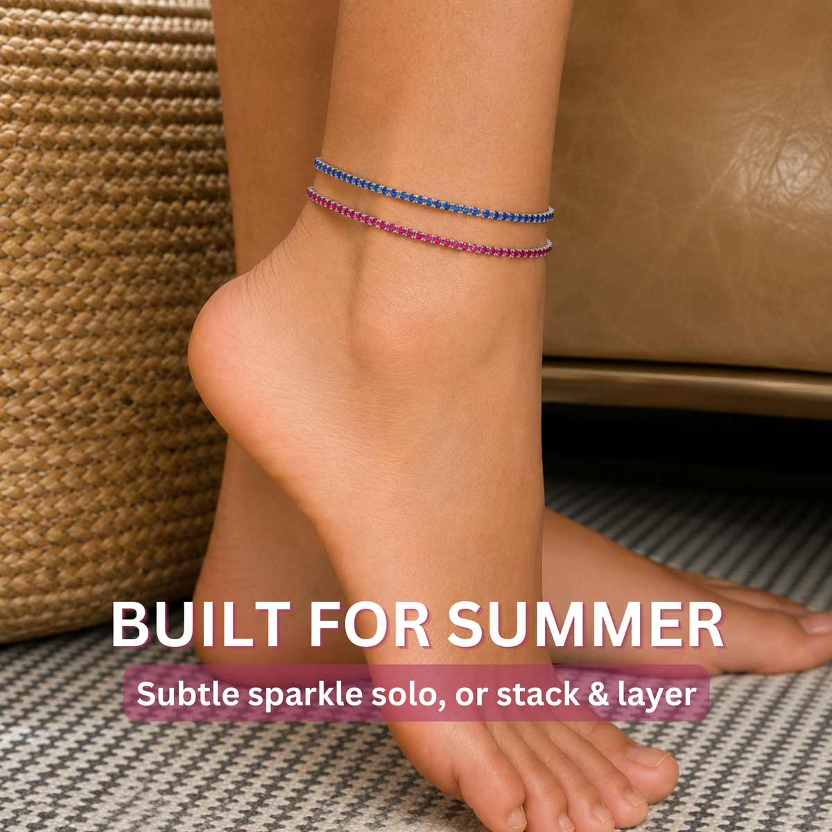 KISPER Tennis Anklets for Women Ruby Red 2mm 14K Gold Plated CZ