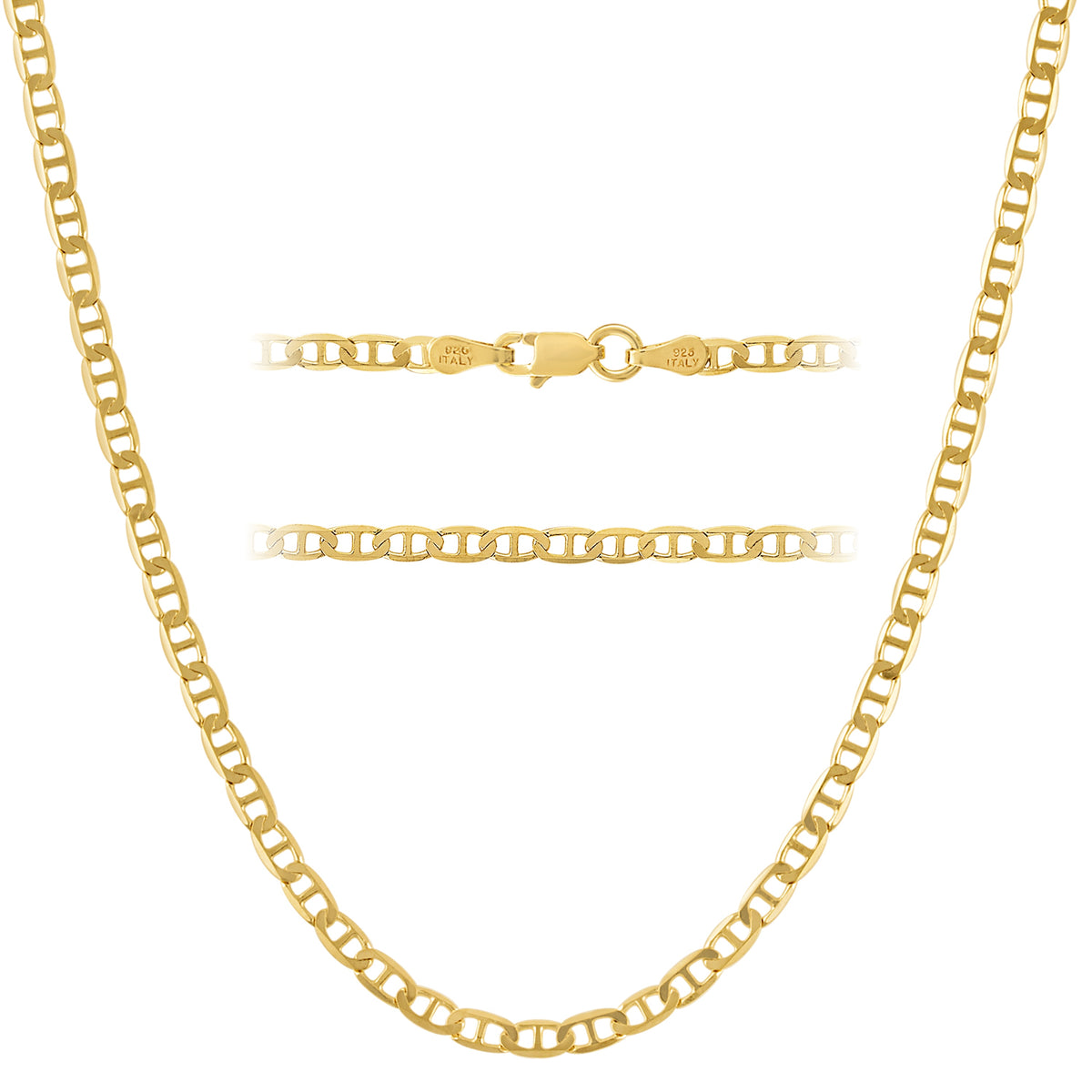 KISPER 18k Gold 925 Sterling Silver Italian 3mm Mariner Chain Necklace w/ Lobster Clasp