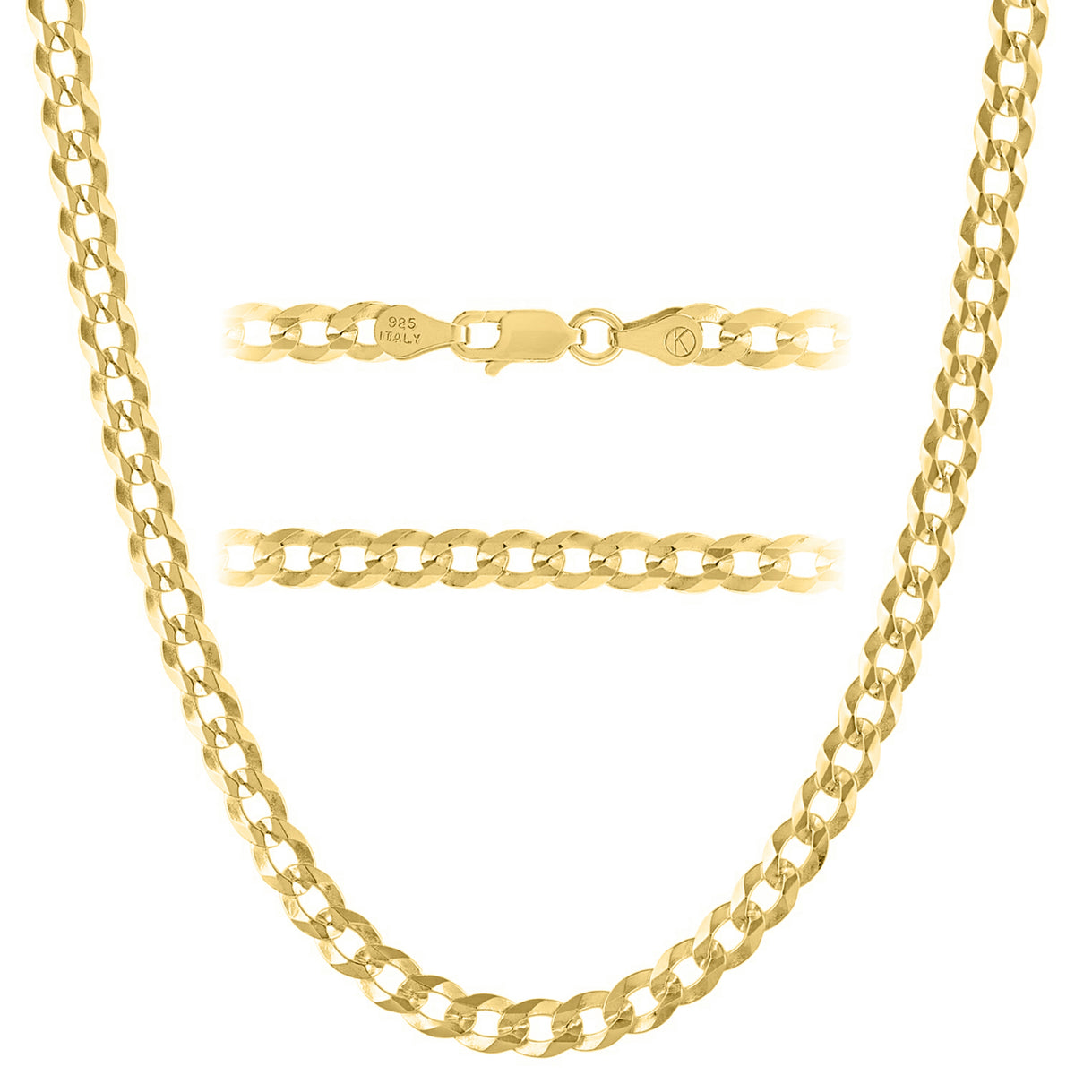KISPER 18k Gold over 925 Sterling Silver Italian 5mm Cuban Link Chain Necklace w/ Lobster Clasp