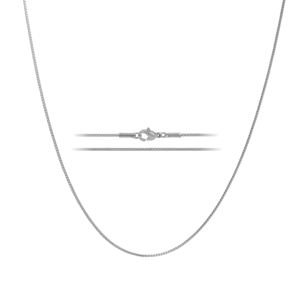 KISPER 24k White Gold 1.2mm Stainless Steel Box Chain Necklace w/ Lobster Clasp