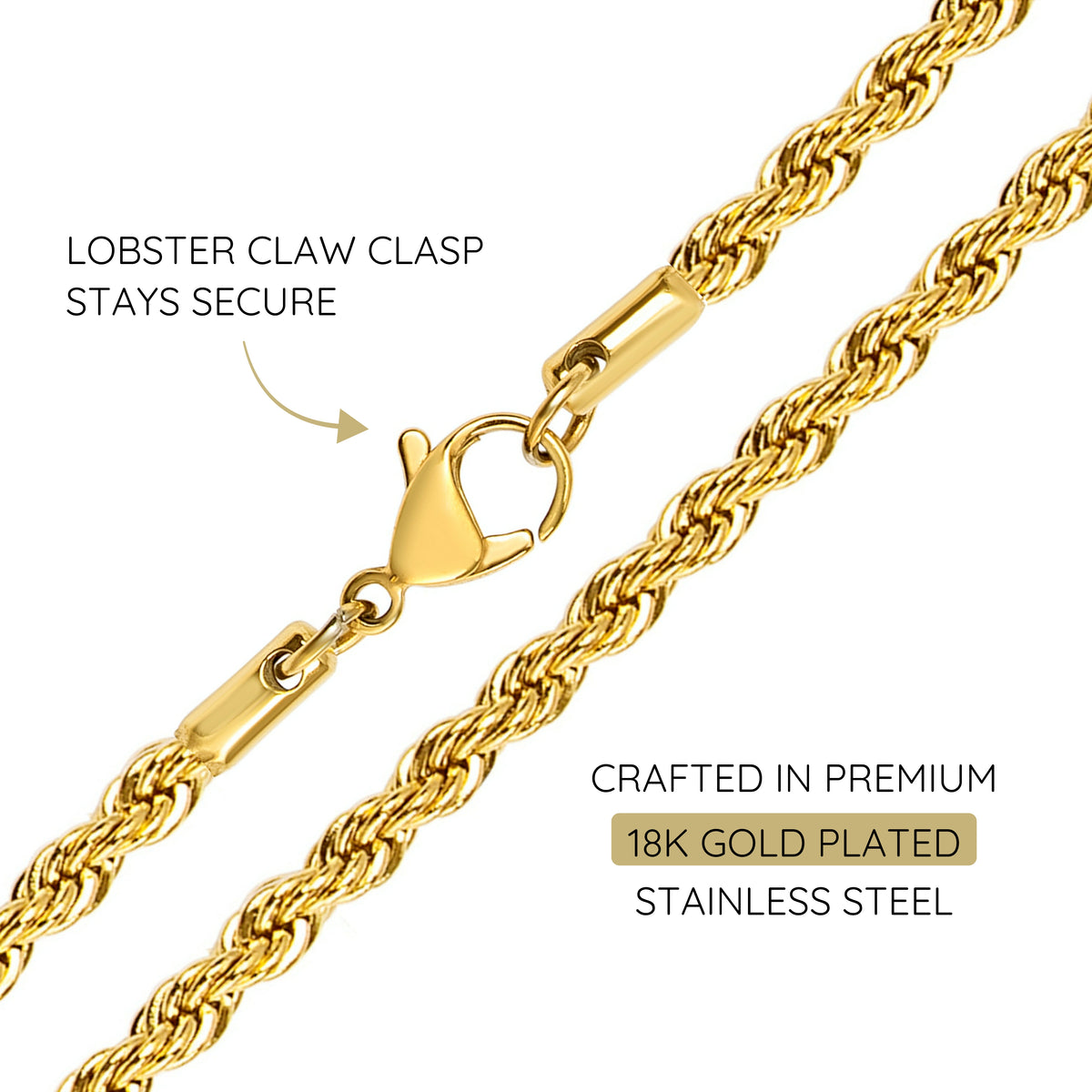 KISPER 18k Gold Rope Chain Necklace – 18k Gold Plated Stainless Steel