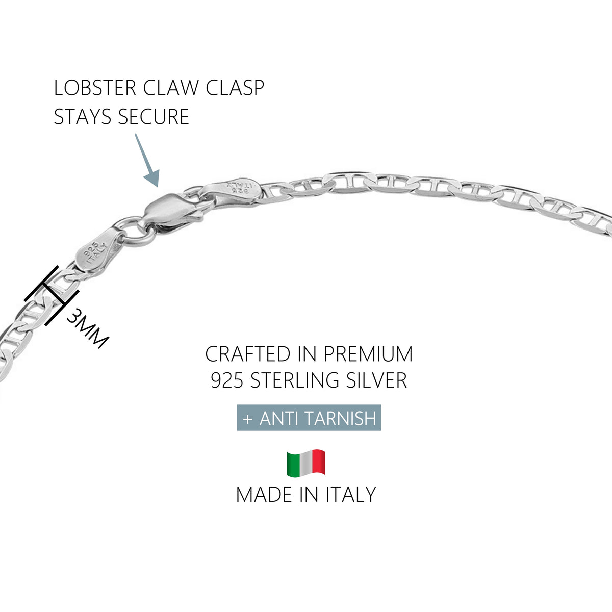 KISPER 925 Sterling Silver Italian 3mm Diamond Cut Mariner Chain Anklet Bracelet