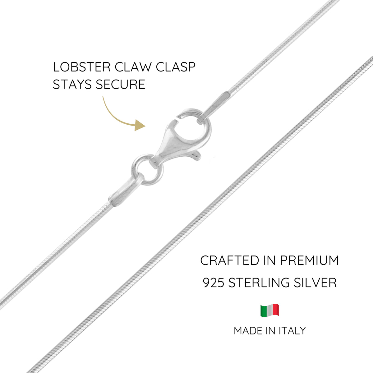 KISPER 925 Sterling Silver Italian 0.8mm Snake Chain Necklace w/ Lobster Clasp