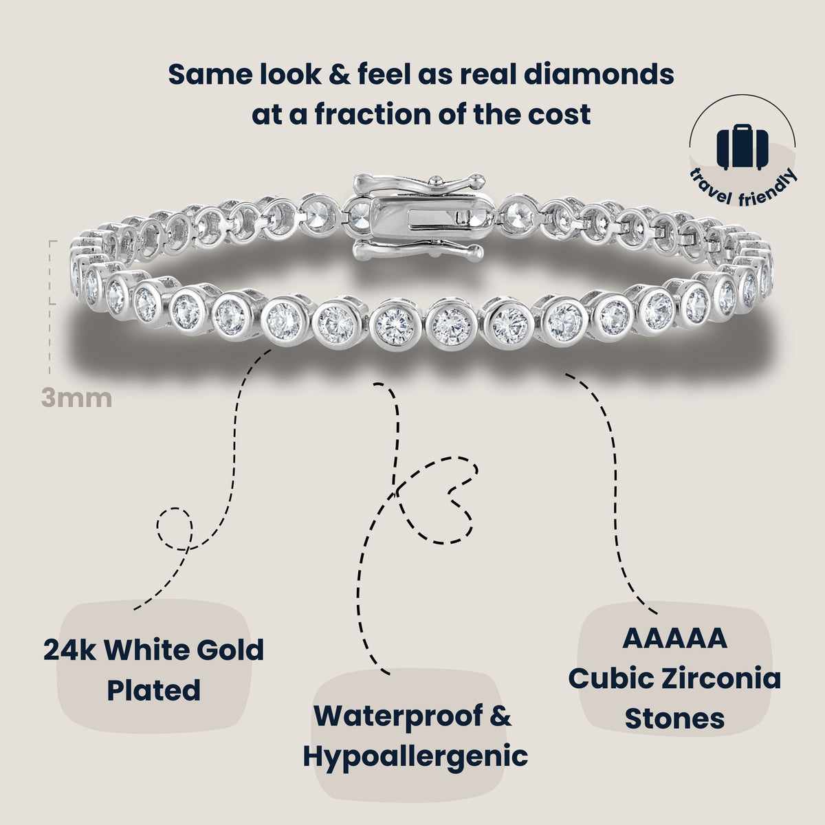 KISPER Tennis Bracelets for Women White Gold Plated 3mm Bezel Set CZ