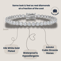 KISPER Tennis Bracelets for Women White Gold Plated 3mm Bezel Set CZ