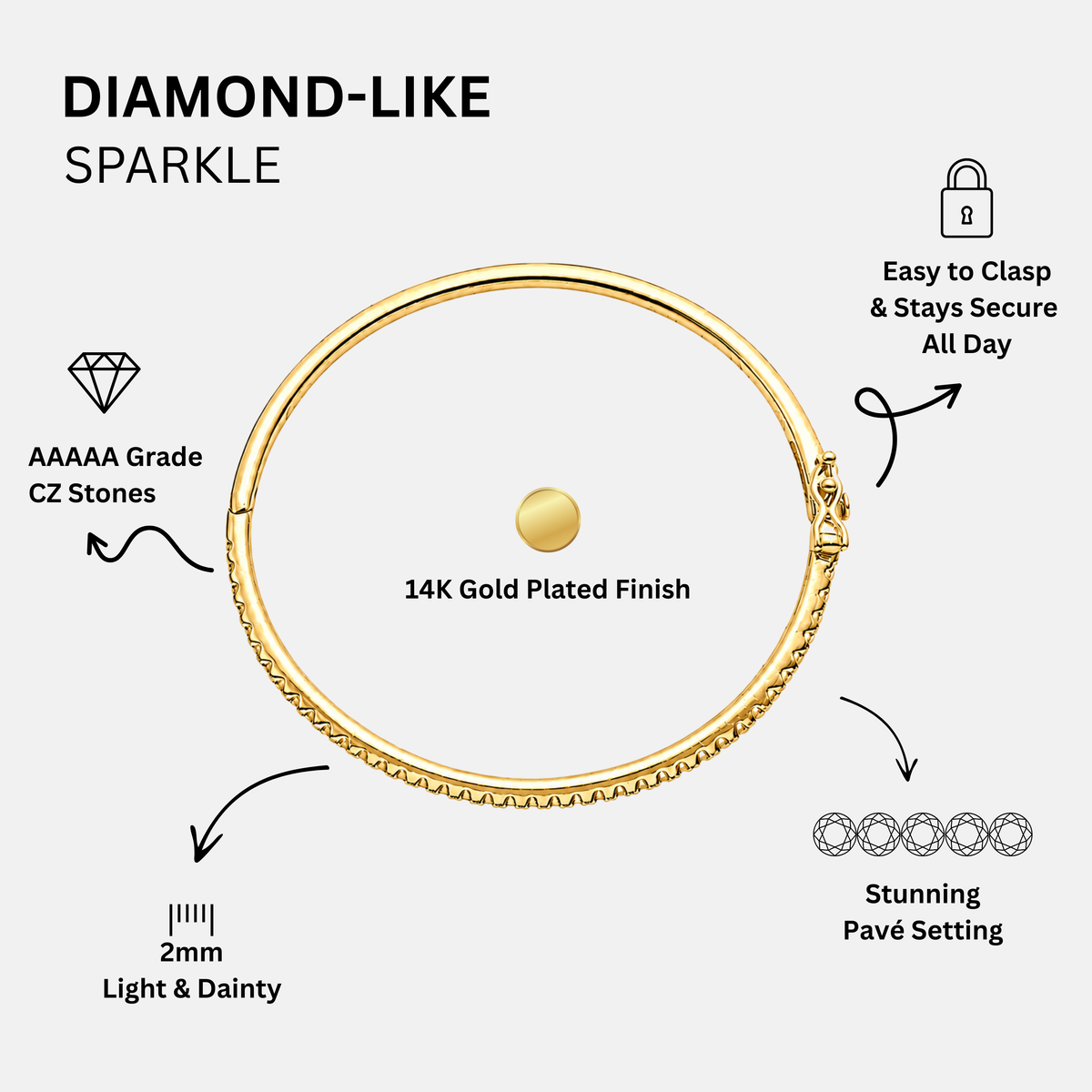 KISPER Bangle Bracelet for Women 2mm Dainty Gold Plated CZ