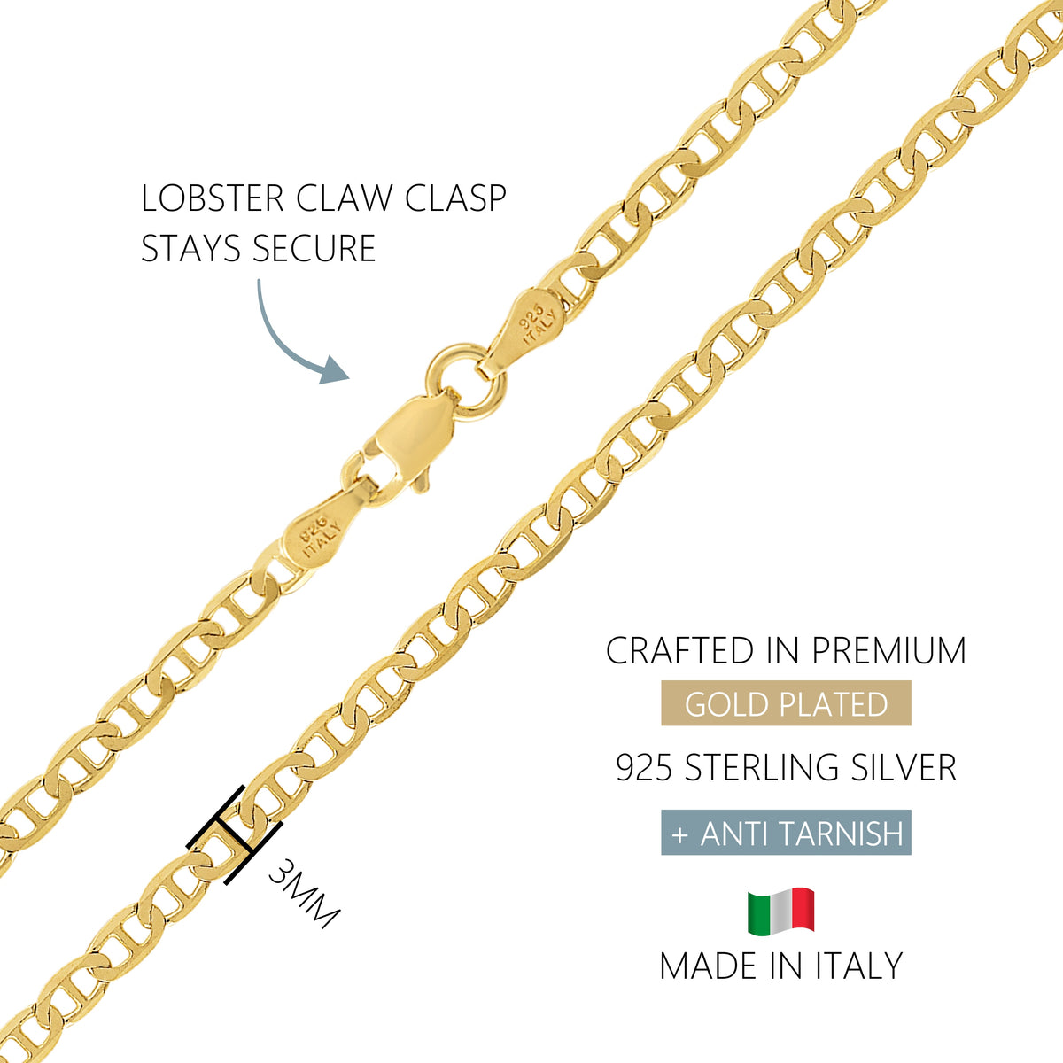 KISPER 18k Gold 925 Sterling Silver Italian 3mm Mariner Chain Necklace w/ Lobster Clasp