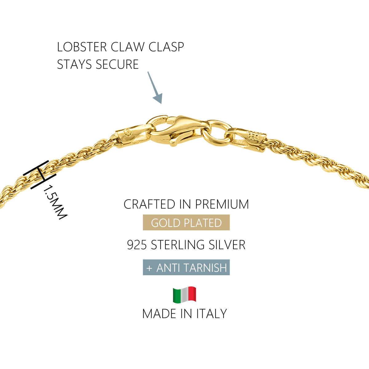 KISPER Sold 925 Sterling Silver Gold Plated Italian 1.5mm Rope Chain Bracelet w/ Lobster Clasp