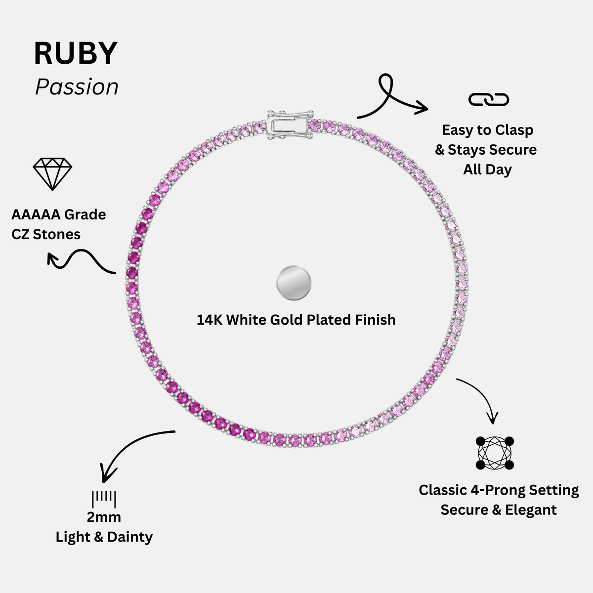KISPER White Gold Tennis Bracelets for Women Pink CZ Gradient Ombre