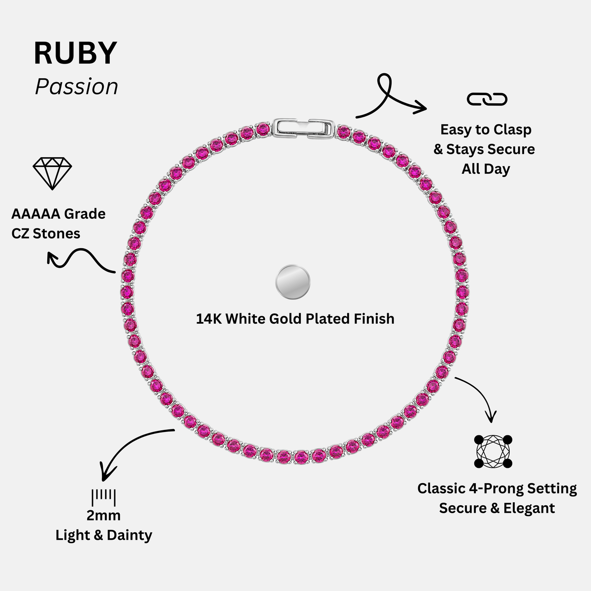 KISPER Tennis Bracelets for Women Ruby Red 2mm 14K Gold Plated CZ