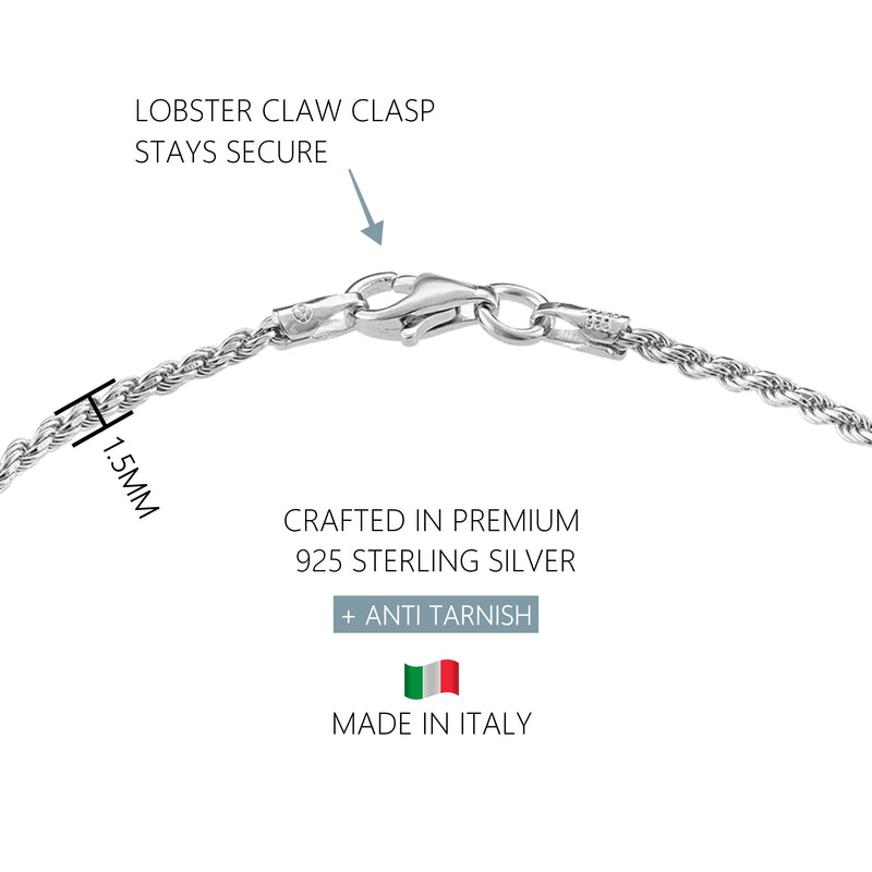 KISPER Solid 925 Sterling Silver Rope Chain Bracelet for Women 1.5mm