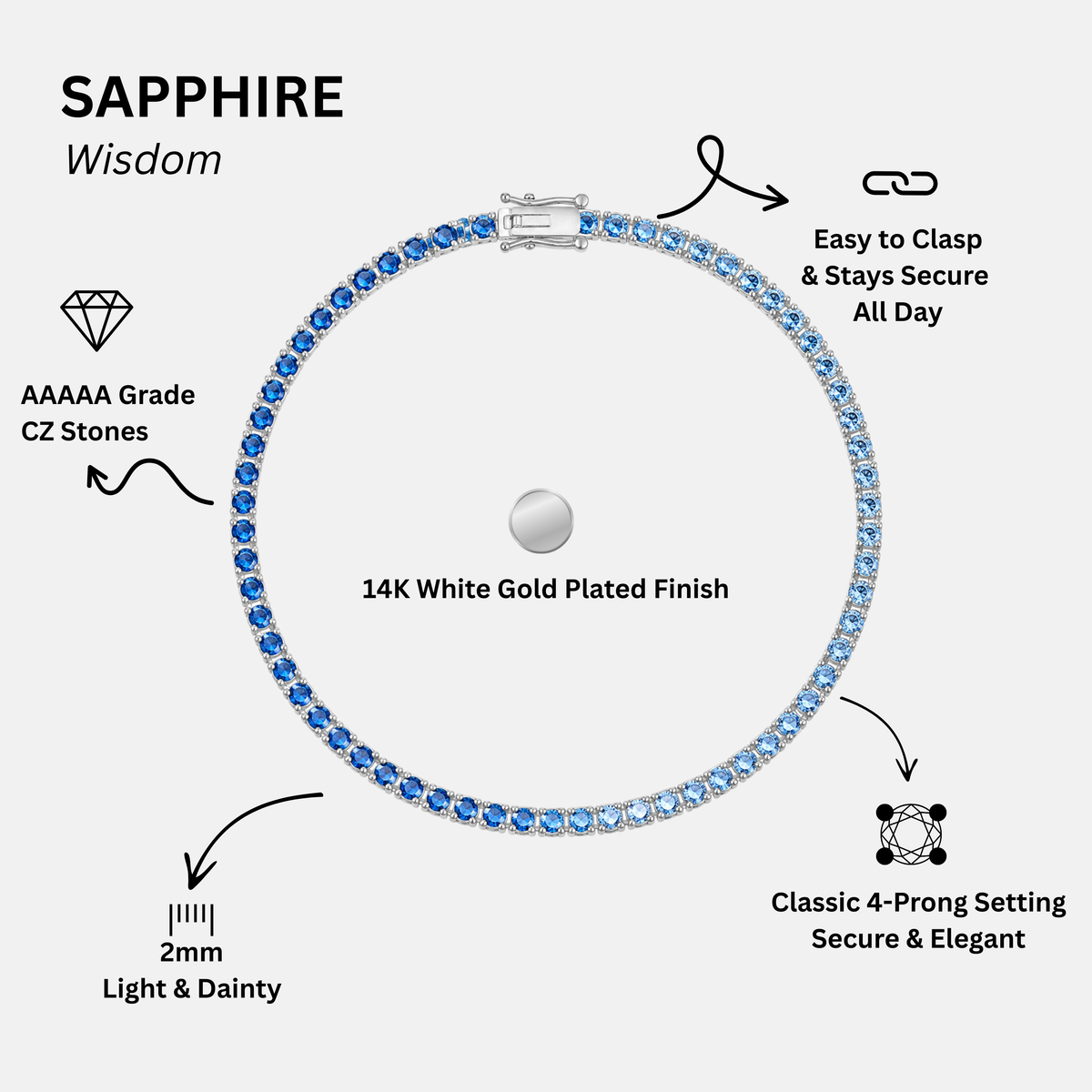 KISPER White Gold Tennis Bracelets for Women Blue CZ Gradient Ombre
