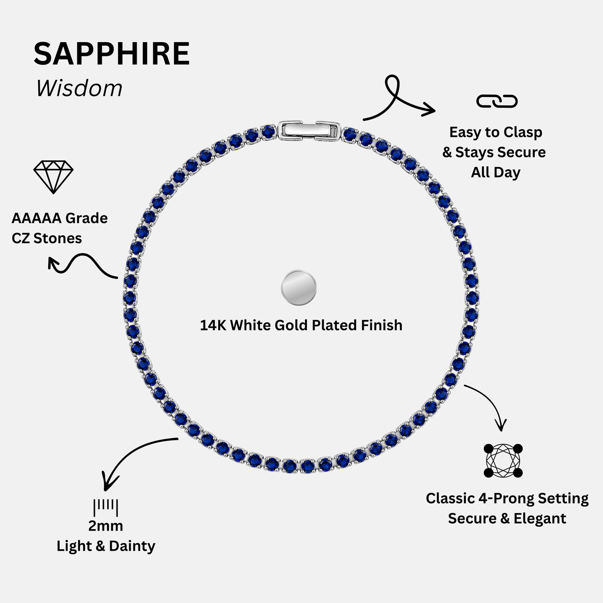 KISPER Tennis Bracelets for Women Sapphire Blue 2mm 14K Gold Plated CZ