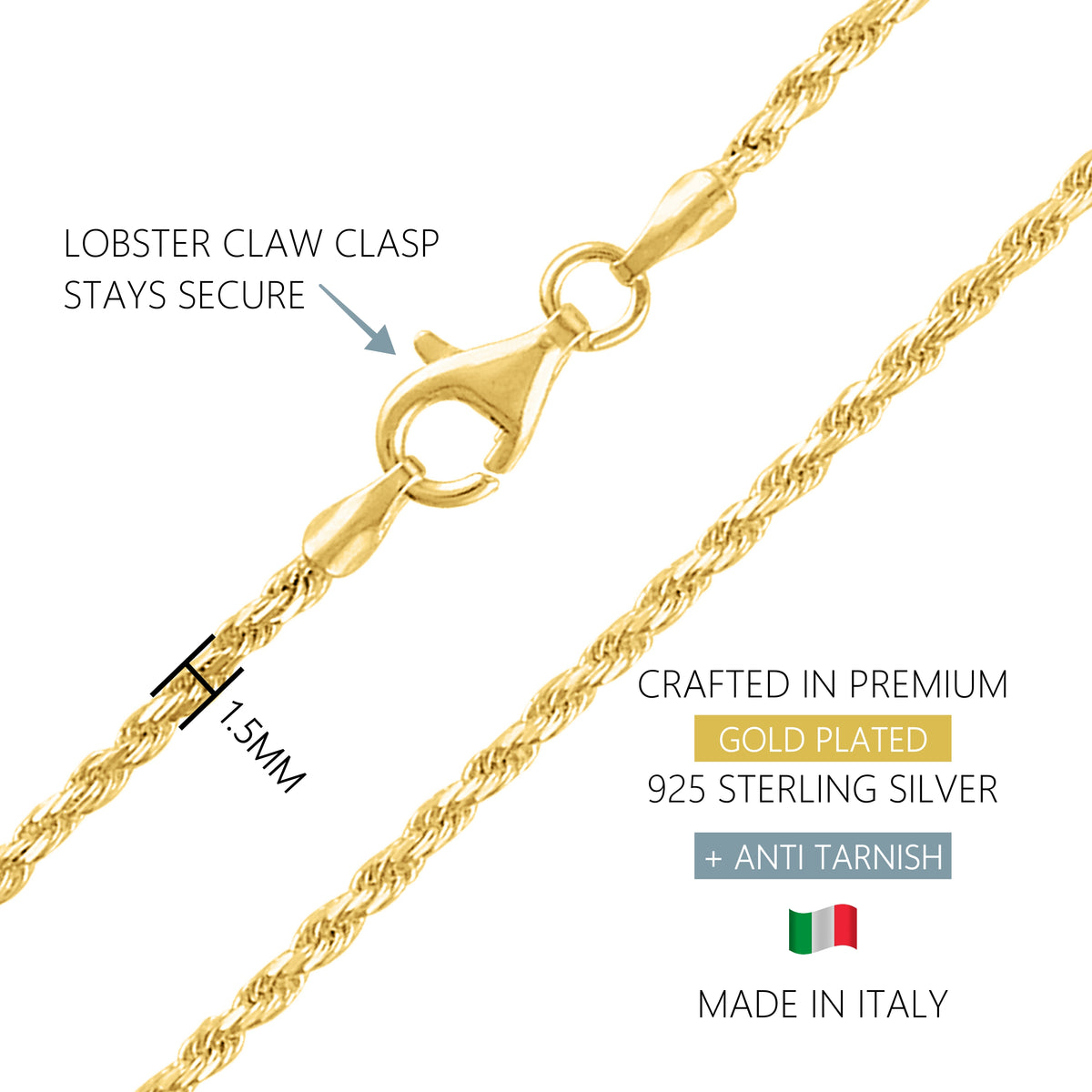 KISPER 18k Gold over 925 Sterling Silver Italian 1.5mm Rope Chain Necklace w/ Lobster Clasp