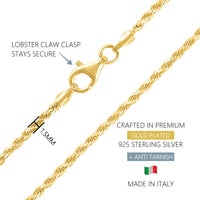 KISPER 18k Gold over 925 Sterling Silver Italian 1.5mm Rope Chain Necklace w/ Lobster Clasp