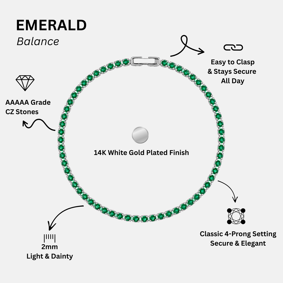KISPER Tennis Bracelets for Women Emerald Green 2mm 14K Gold Plated CZ