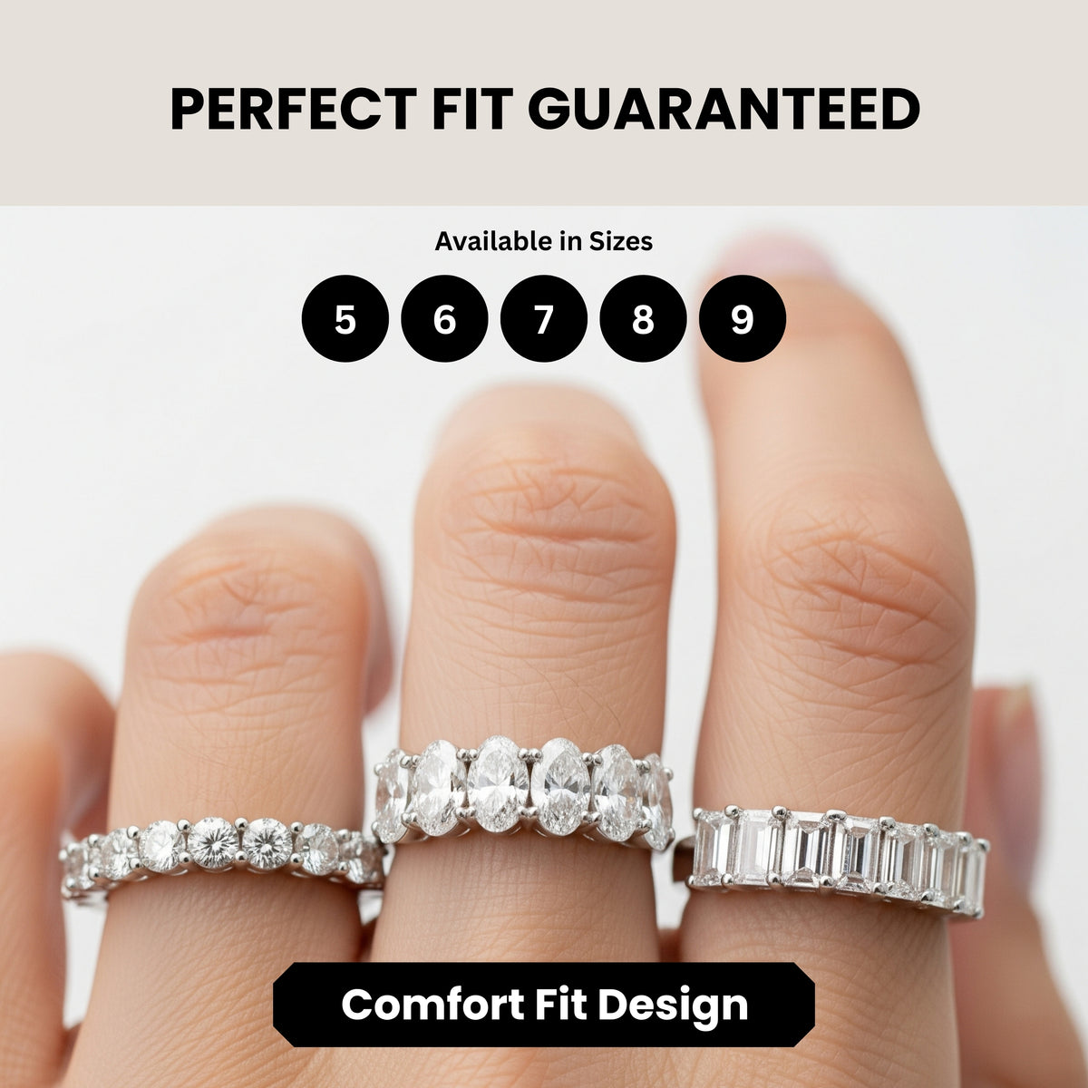 KISPER Oval CZ Eternity Band Rings for Women White Gold Plated Stackable