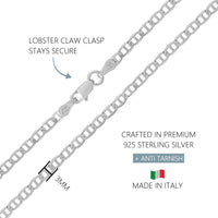 KISPER 925 Sterling Silver Italian 3mm Mariner Chain Necklace w/ Lobster Clasp