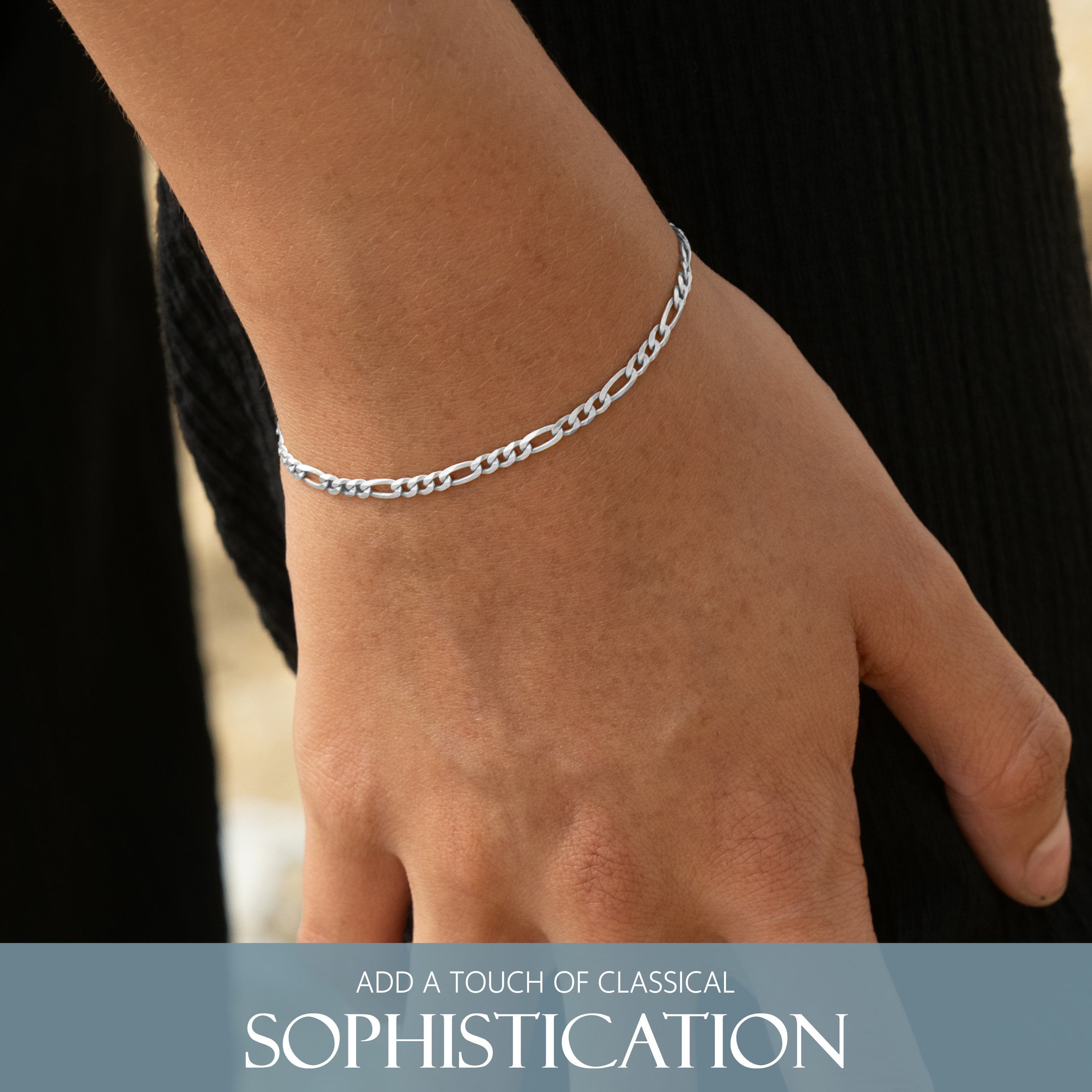 KISPER Solid 925 Sterling Silver Figaro Chain Bracelet for Women 3mm