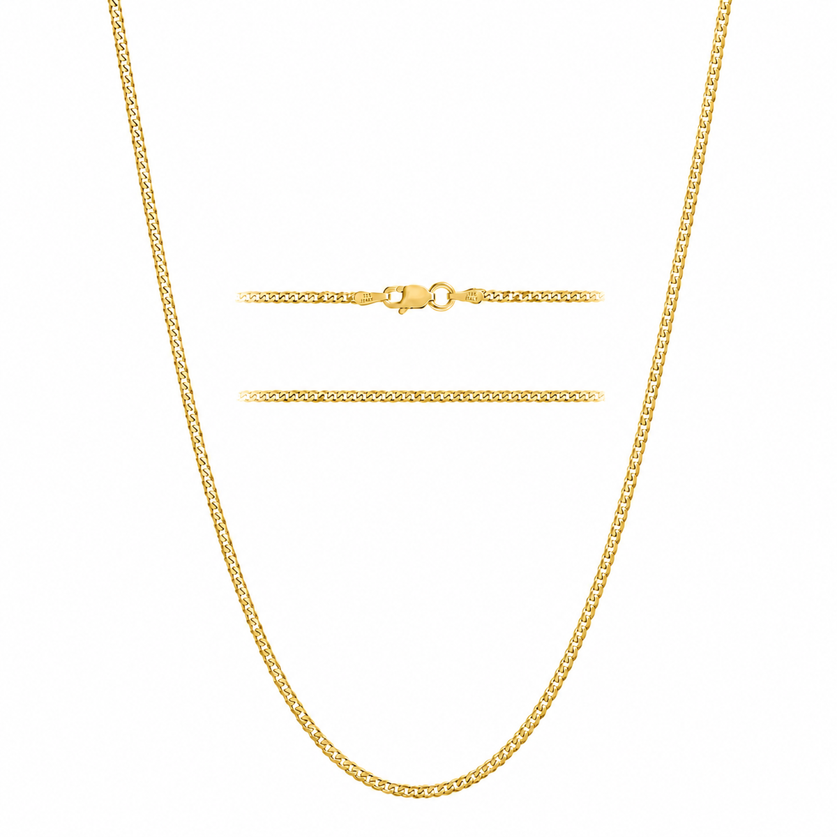 KISPER 18K Gold Plated Curb Chain Necklace Men & Women 925 Sterling Silver - 1.75mm