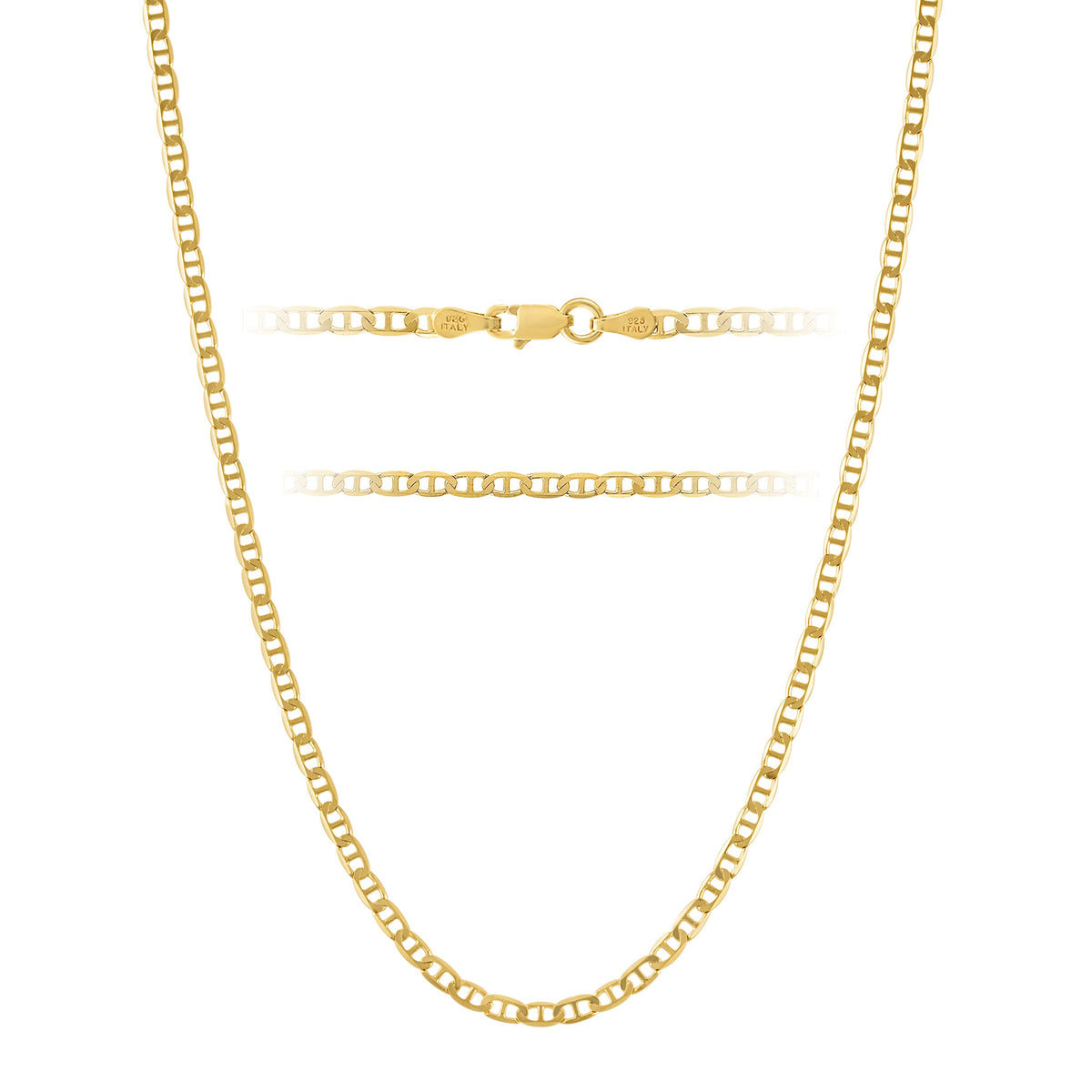 KISPER Gold Chain Necklace for Men and Women Plated 925 Sterling Silver - Mariner 3mm