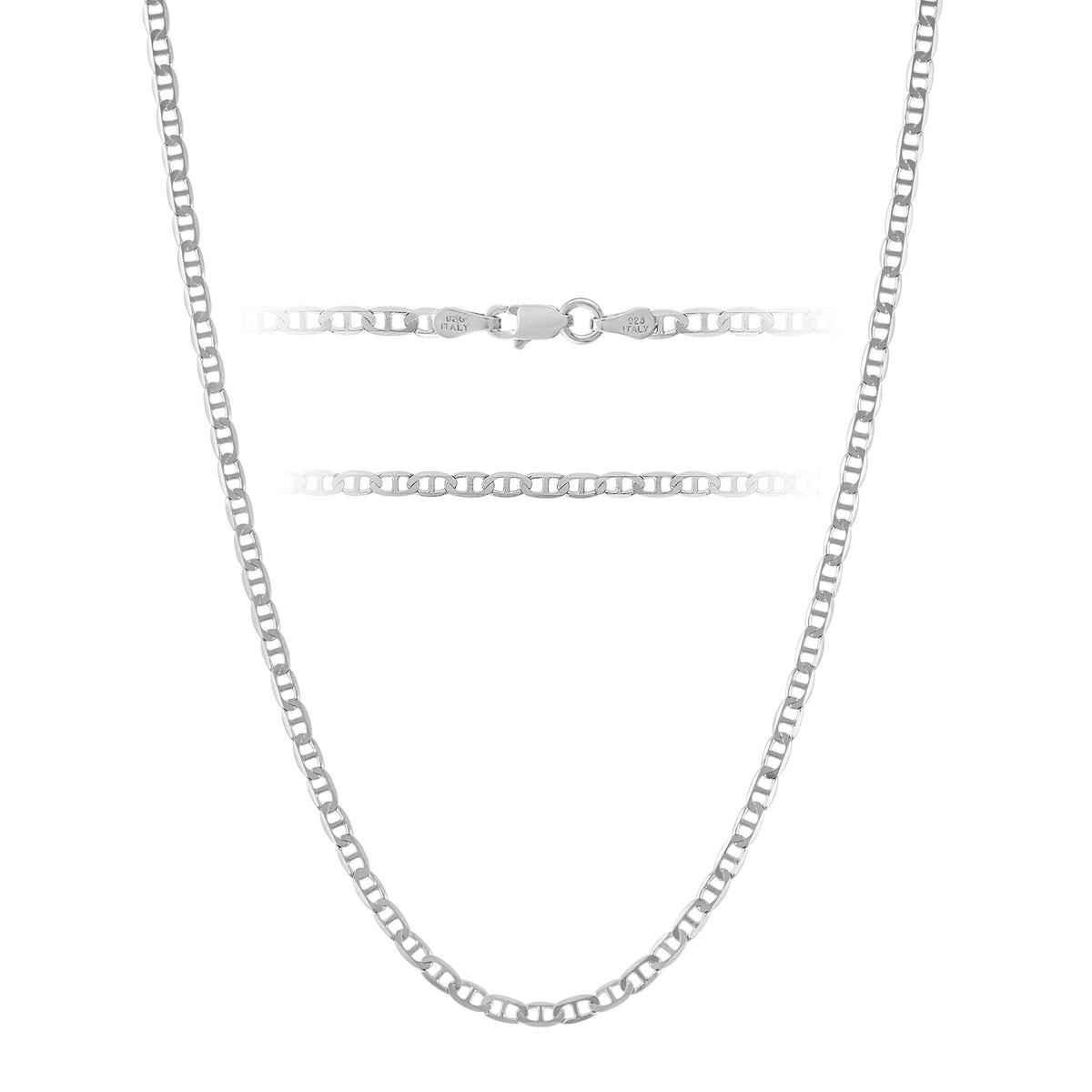 KISPER 925 Sterling Silver Chain Necklace Men Women Mariner 3mm