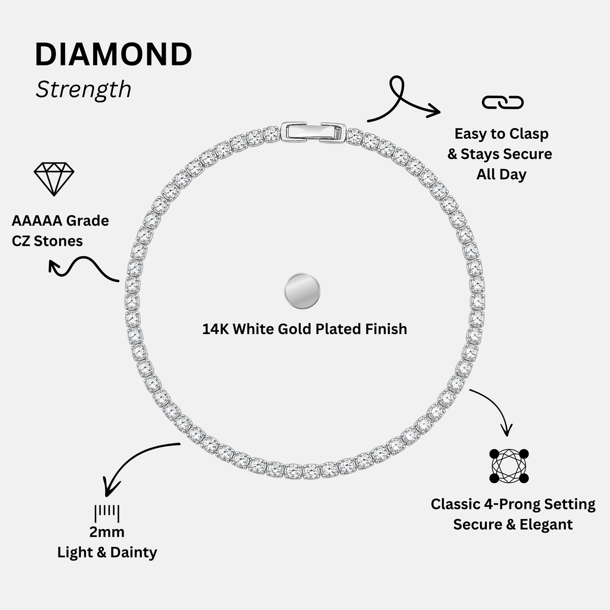 KISPER Tennis Bracelets for Women Clear White 2mm 14K Gold Plated CZ