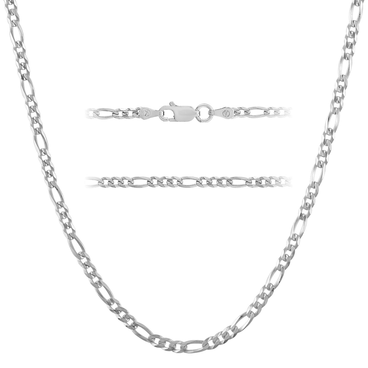 KISPER 925 Sterling Silver Italian 3mm Figaro Chain Necklace w/ Lobster Clasp