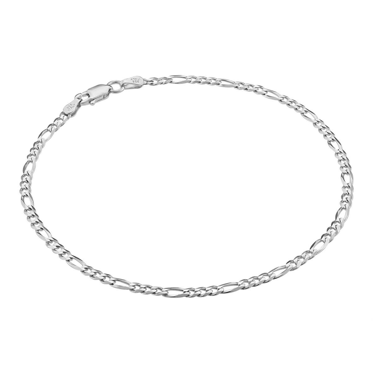 KISPER 925 Sterling Silver Italian 3mm Diamond-Cut Figaro Chain Anklet Bracelet