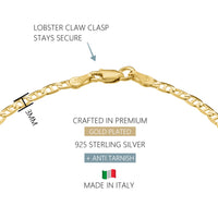KISPER 18k Gold over 925 Sterling Silver Italian 3mm Mariner Chain Bracelet w/ Lobster Clasp
