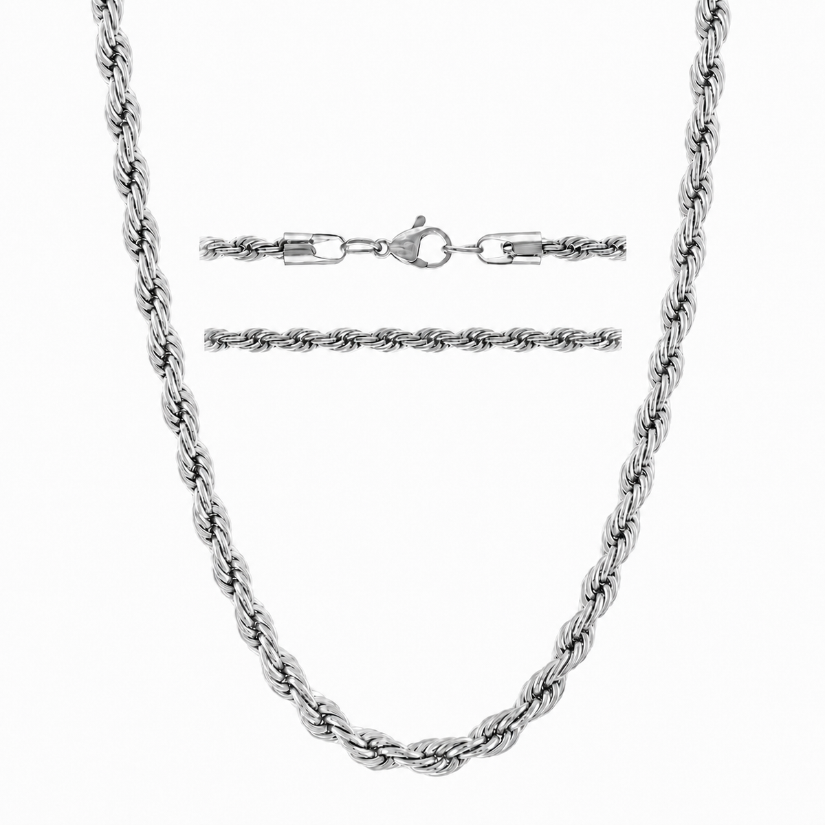 KISPER White Gold Rope Chain Necklace for Men 5mm Plated Stainless Steel