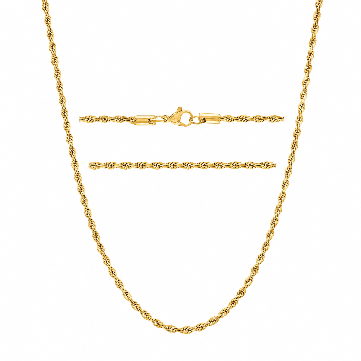 KISPER 18K Gold Plated Rope Chain Necklace for Men 3mm Stainless Steel