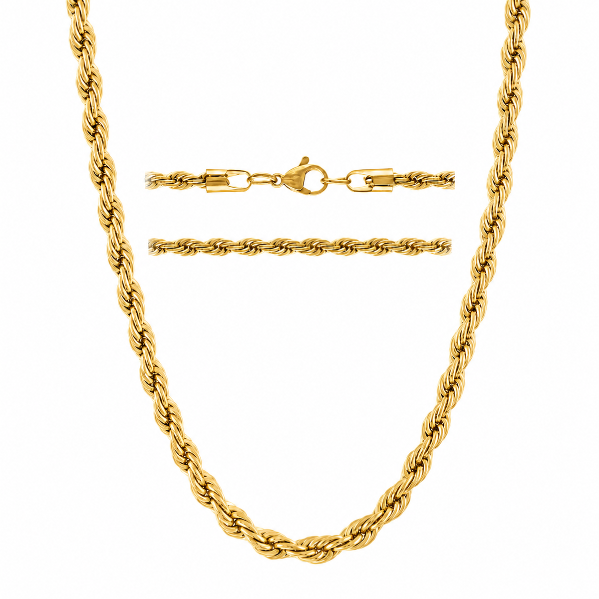 KISPER 18K Gold Plated Rope Chain Necklace for Men 5mm Stainless Steel