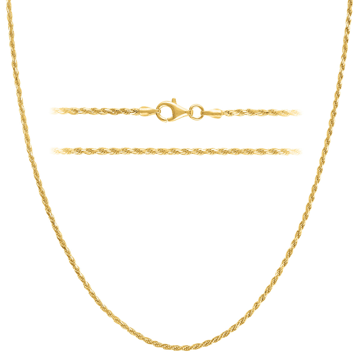 KISPER 18k Gold over 925 Sterling Silver Italian 1.5mm Rope Chain Necklace w/ Lobster Clasp