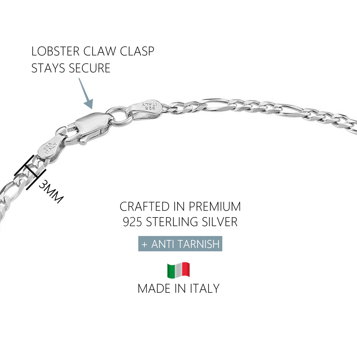 KISPER 925 Sterling Silver Italian 3mm Diamond-Cut Figaro Chain Anklet Bracelet