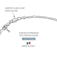 KISPER 925 Sterling Silver Italian 3mm Diamond-Cut Figaro Chain Anklet Bracelet