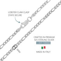 KISPER 925 Sterling Silver Italian 3mm Figaro Chain Necklace w/ Lobster Clasp