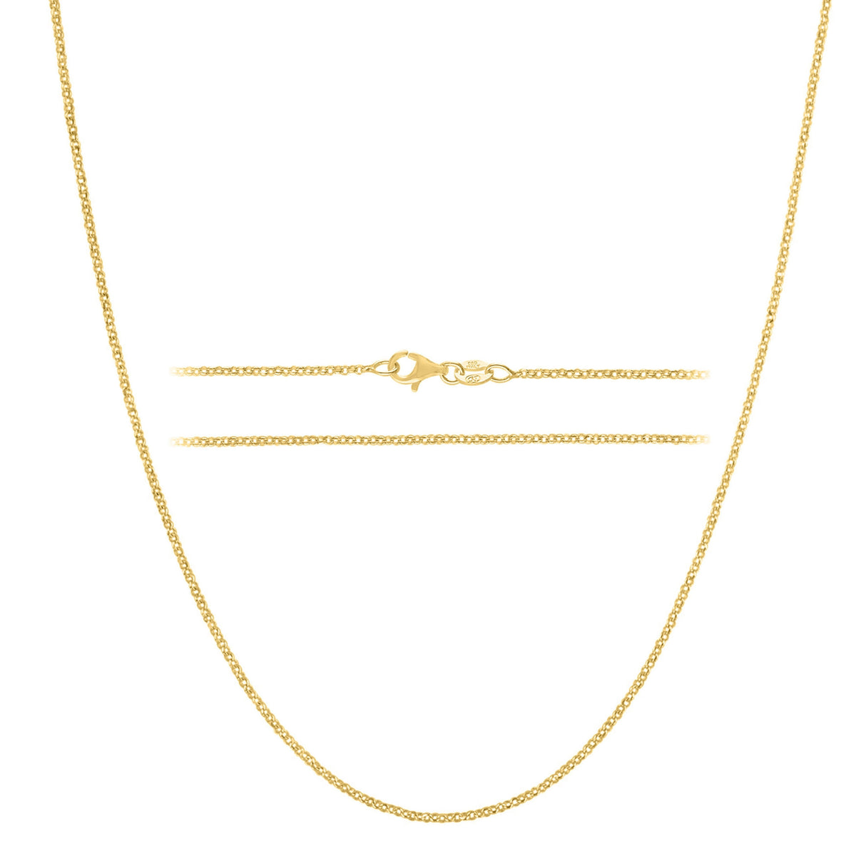 KISPER 18K Gold 925 Sterling Silver 1.6mm Cable Chain Necklace w/ Lobster Clasp