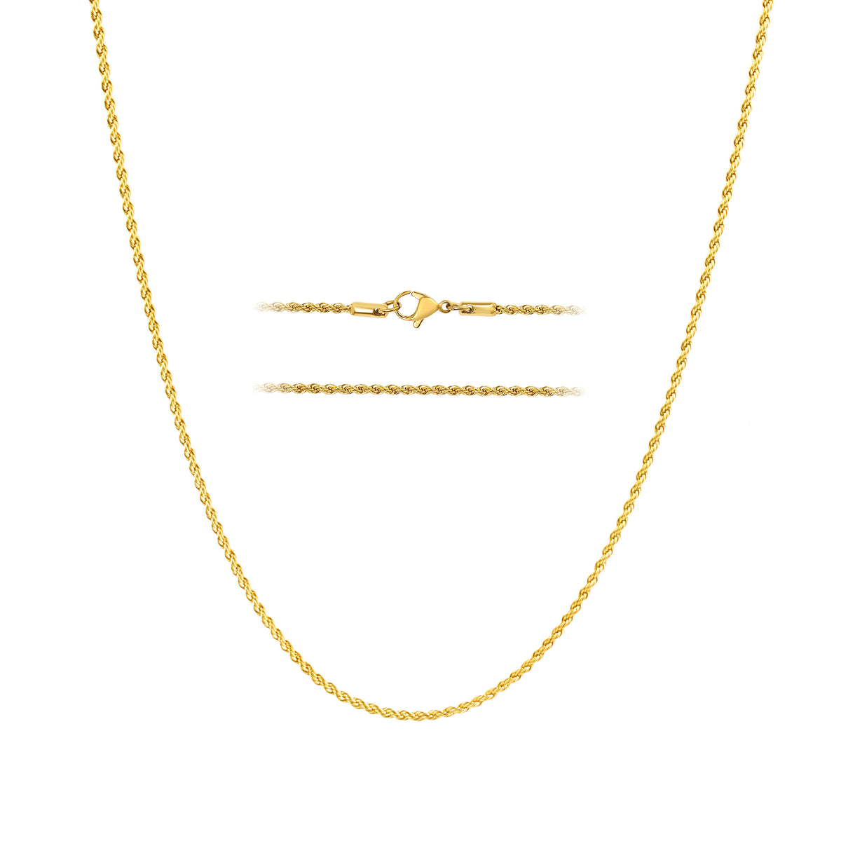 KISPER 18k Gold Rope Chain Necklace – 18k Gold Plated Stainless Steel