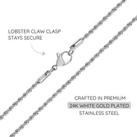 KISPER 24k White Gold 2mm Stainless Steel Rope Chain Necklace with Lobster Clasp
