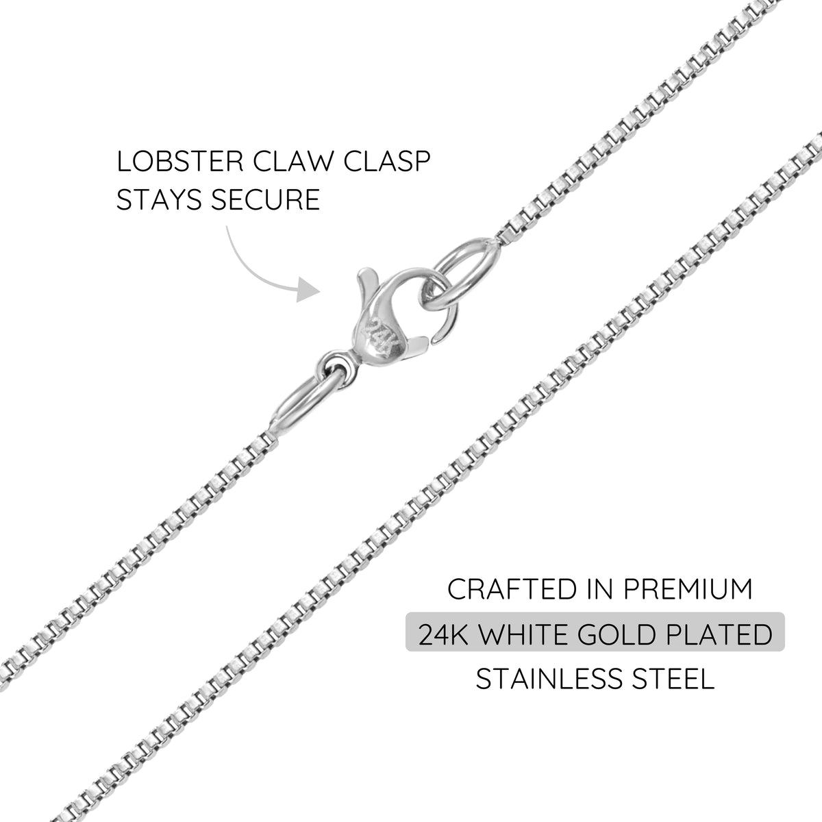 KISPER 24k White Gold 1.2mm Stainless Steel Box Chain Necklace w/ Lobster Clasp