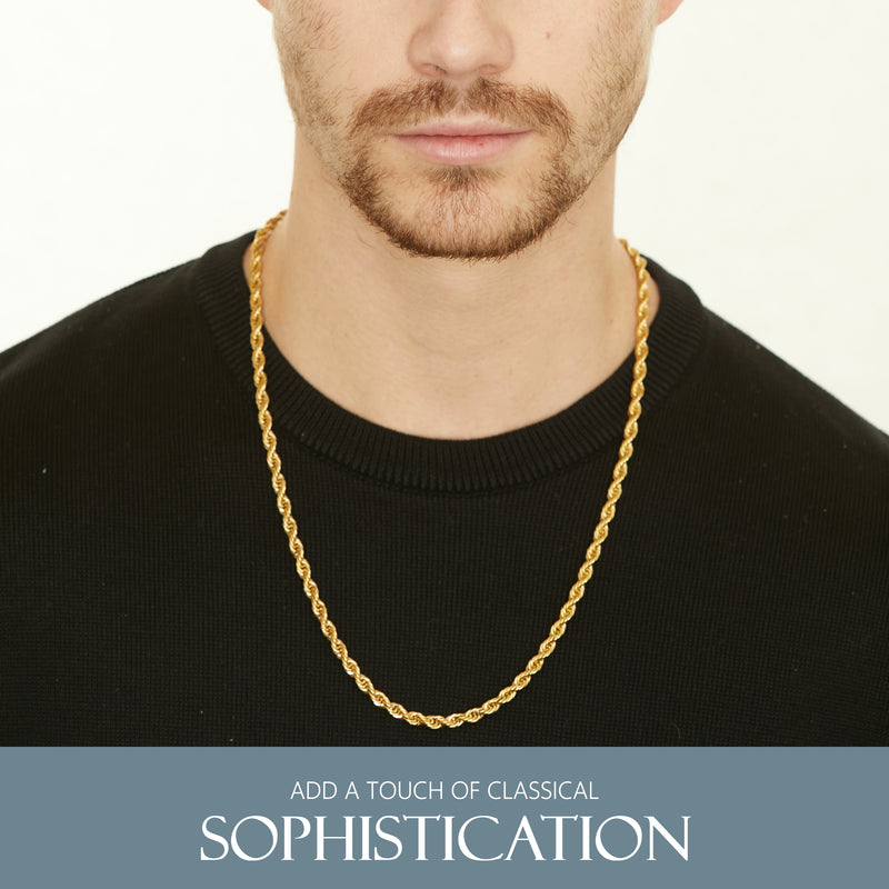 KISPER 18K Gold Plated Rope Chain Necklace for Men 5mm Stainless Steel