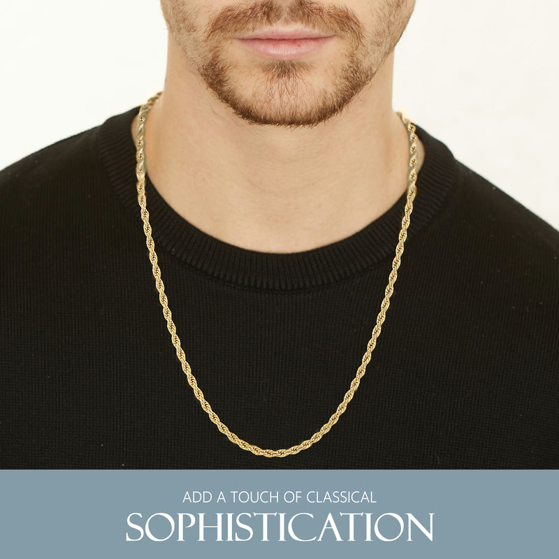 KISPER 18K Gold Plated Rope Chain Necklace for Men 3mm Stainless Steel