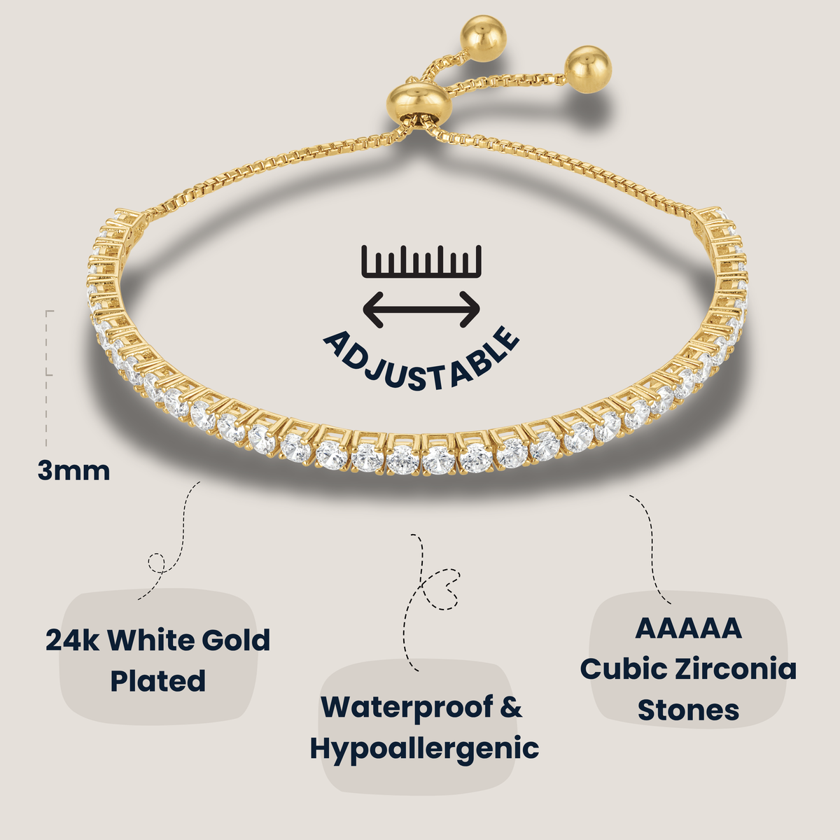 KISPER Adjustable Tennis Bracelets for Women Dainty Plated CZ