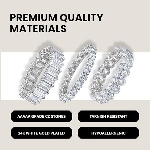 CZ Eternity Band Ring in 14K White Gold Plated – Round, Oval & Emerald Cut