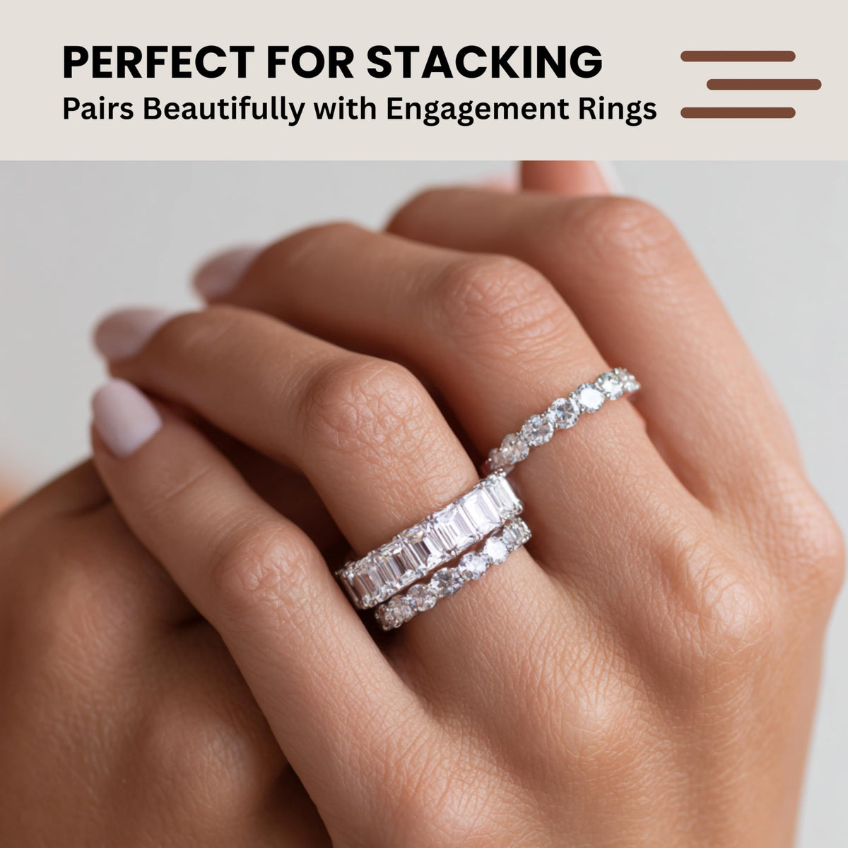 CZ Eternity Band Ring in 14K White Gold Plated – Round, Oval & Emerald Cut
